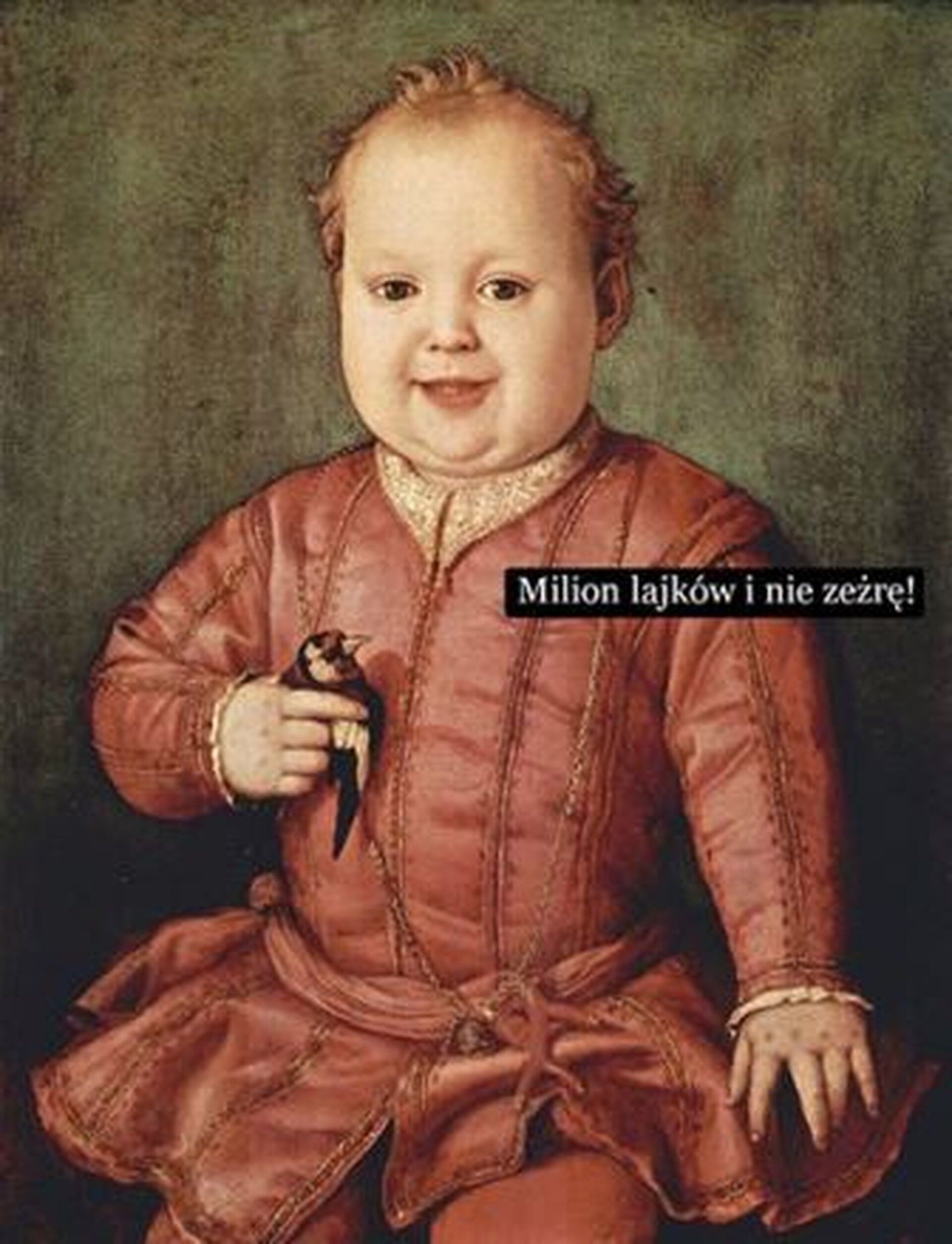  XVI-wieczny obraz przerobiony na mem. Na obrazku widzimy obraz autorstwa Agnolo Bronzino przedstawiający półtorarocznego Giovanniego Medici ściskającego w garści małego ptaka. Został dodany napis o treści: „Milion lajków i nie zeżrę!”. 
