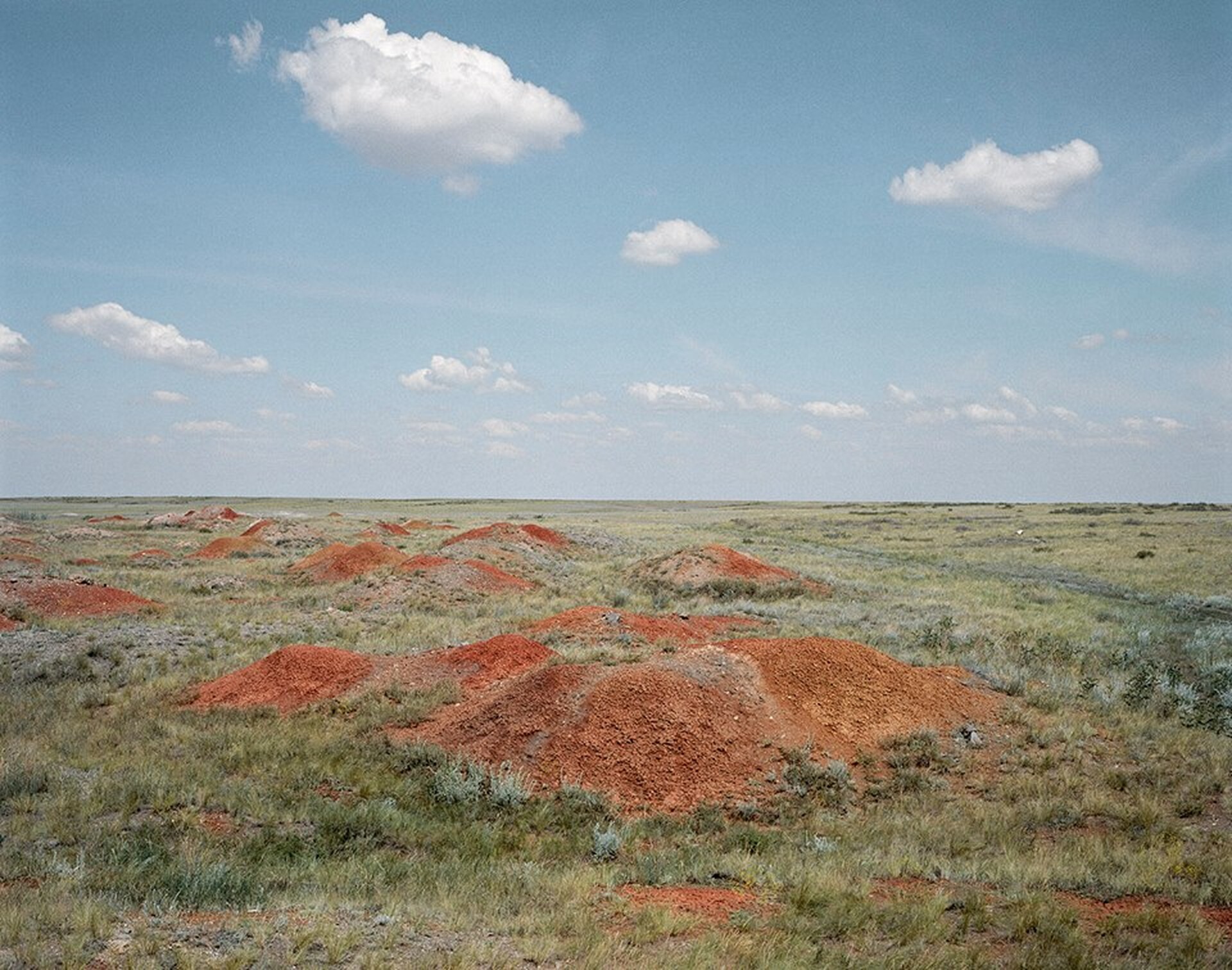  Fotografia Agnieszki Rayss z cyklu Ostatnia rozmowa z akademikiem Sacharowem. Zdjęcie przedstawia fragment krajobrazu. Na polu zarośniętym trawą znajdują się kopce rudej ziemi o niejasnym pochodzeniu. 