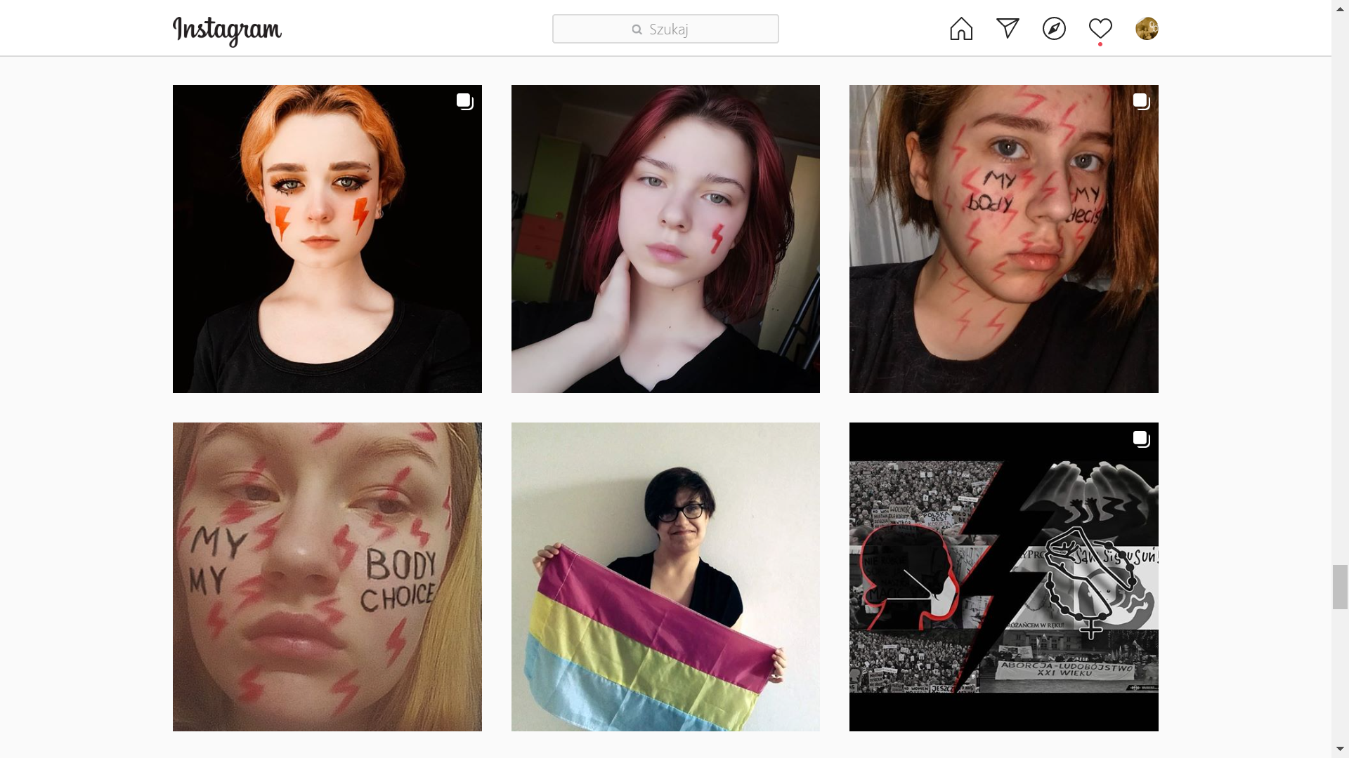 Zrzut ekranu serwisu Instagram po wyszukaniu #czarnyprotest. Wyświetla się sześć obrazków. Cztery zdjęcia przedstawiają twarze kobiet, na których narysowane są czerwone pioruny – symbol protestów w obronie prawa do aborcji. 