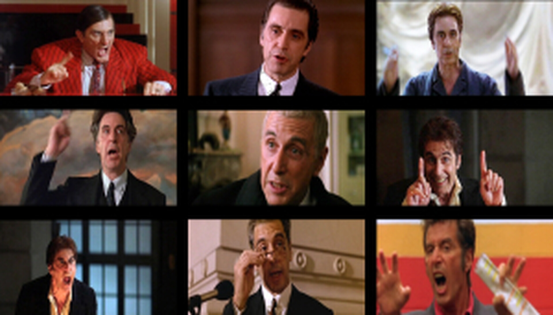  Sekwencja kadrów z filmu Bogny Burskiej Shooting Star (2006-2008). 9 kadrów z różnych filmów, z których każdy przedstawia postać graną przez Ala Pacino, ale oczywiście za każdym razem jest to inna postać. 